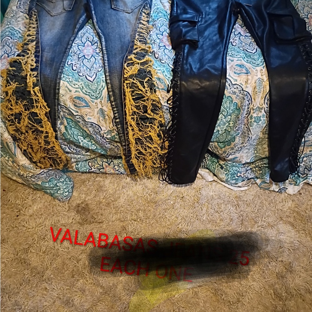 Denim and Leather Pants with Fringe